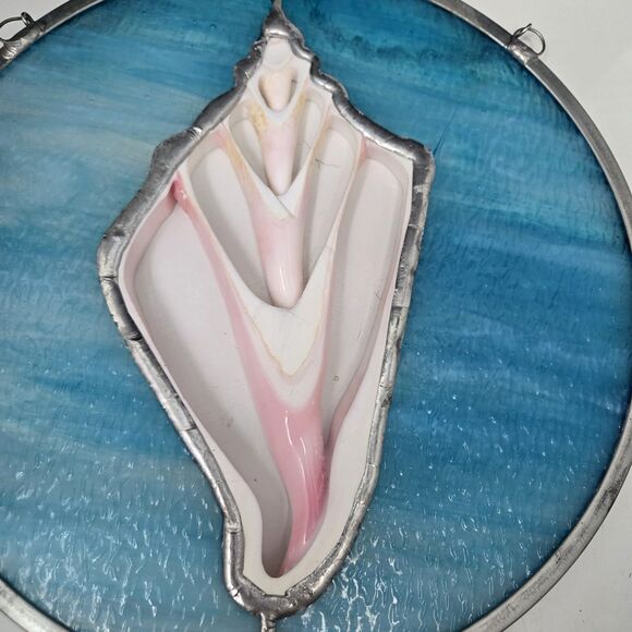 Vintage Stained Glass With Conch Shell Cutout 3D Hanging Hand Crafted Art 11.5" - Picture 10 of 15